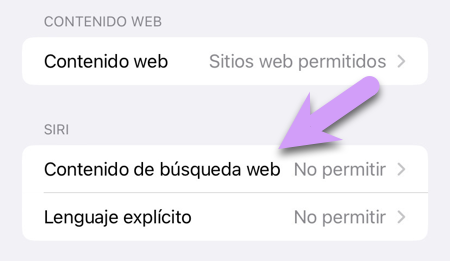 Bloquear un iPhone: asegúrese de no permitir Siri > Contenido de búsqueda web