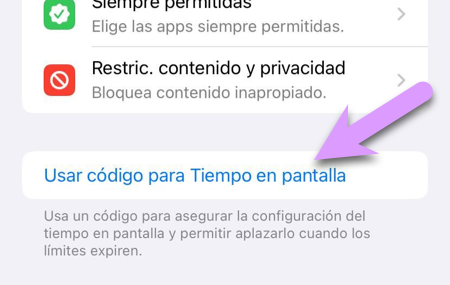 Bloquear un iPhone: haga clic en 'Usar código para Tiempo en pantalla' y establezca un código de 4 dígitos totalmente único