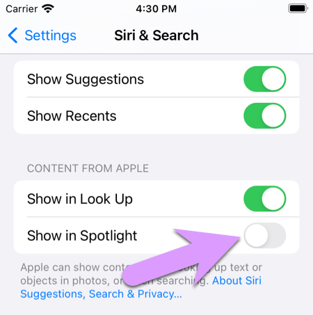 five things you forgot locking down your kids iPhone: diable 'Show in Spotlight'