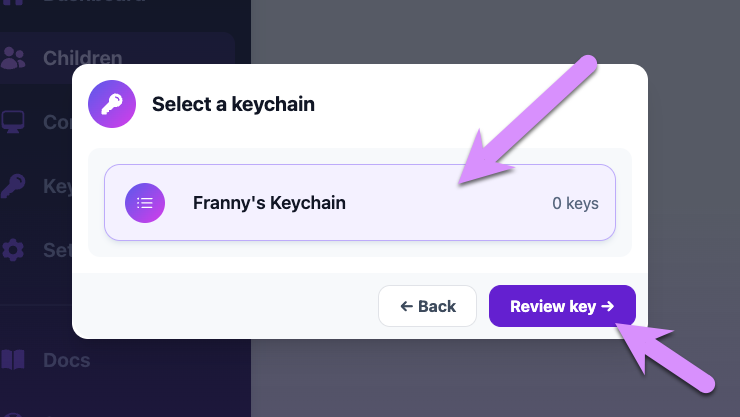 Select a keychain, then click 'Review key'